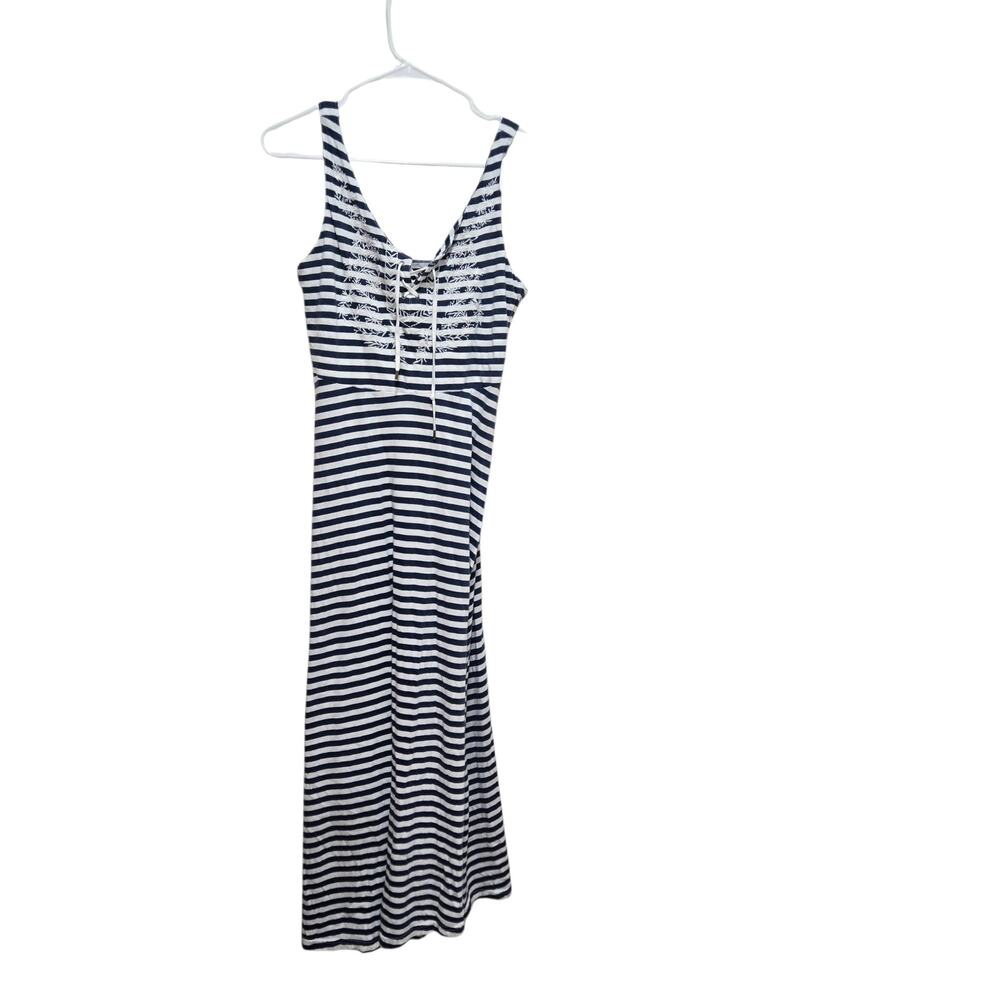 Chaps Nautical Stripe Lace Up Maxi Dress Small Blue White